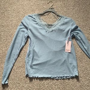 Lace trim dusty blue long sleeve tee shirt p